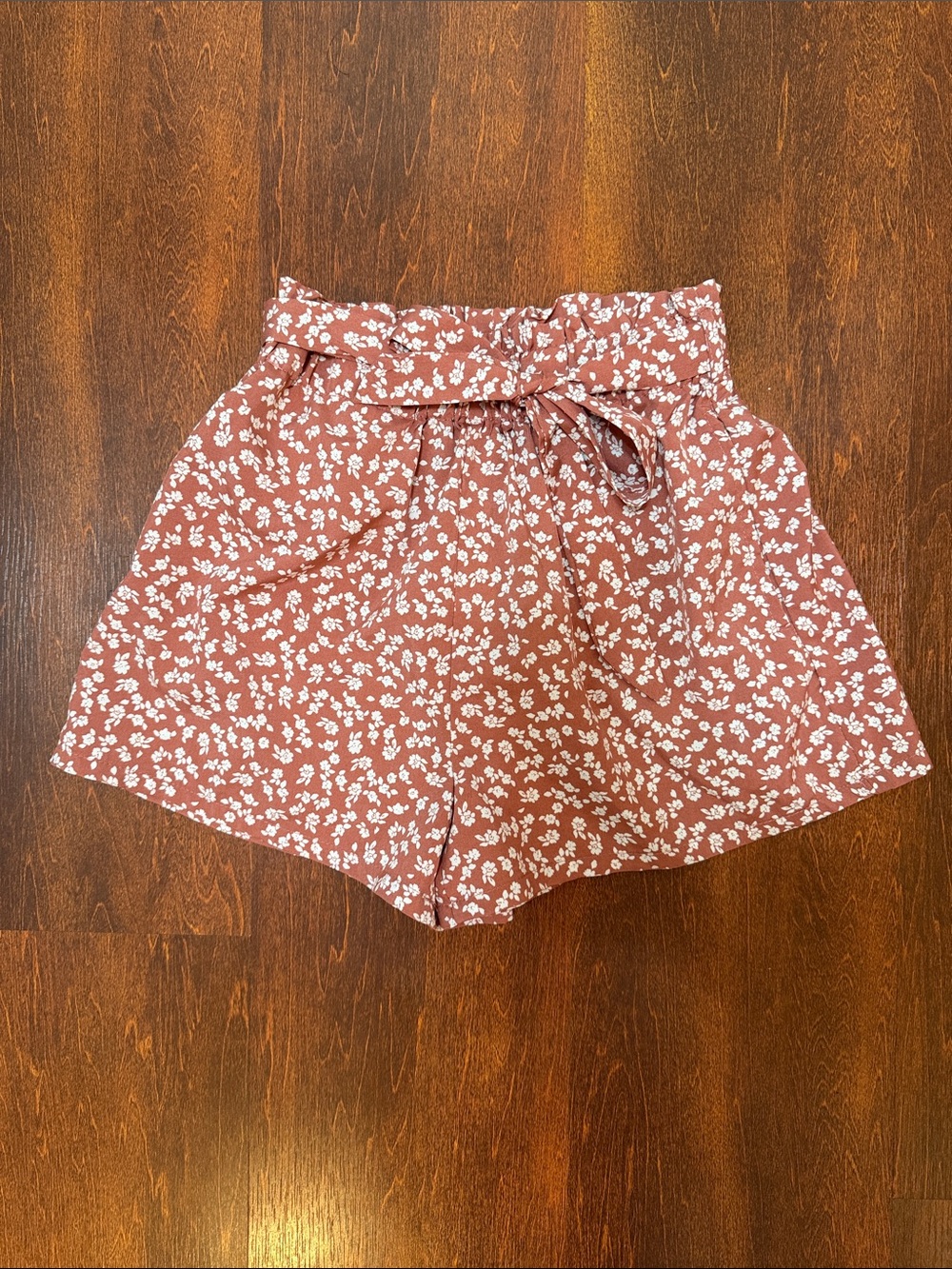 SHEIN Rust Mauve Floral Paperbag Waist Shorts